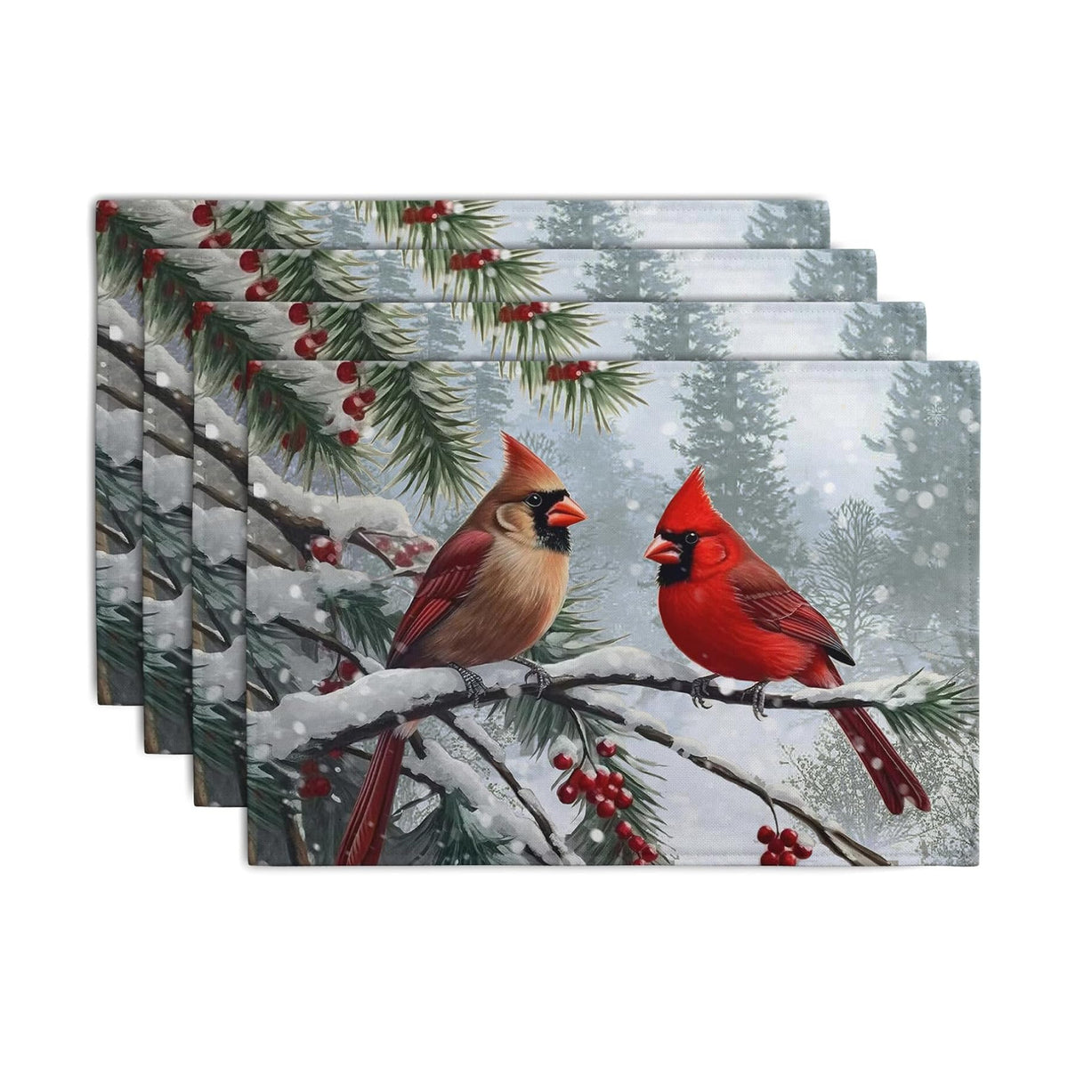 Christmas Placemats Set of 4 Red Cardinal Birds Snowy Place Mats
