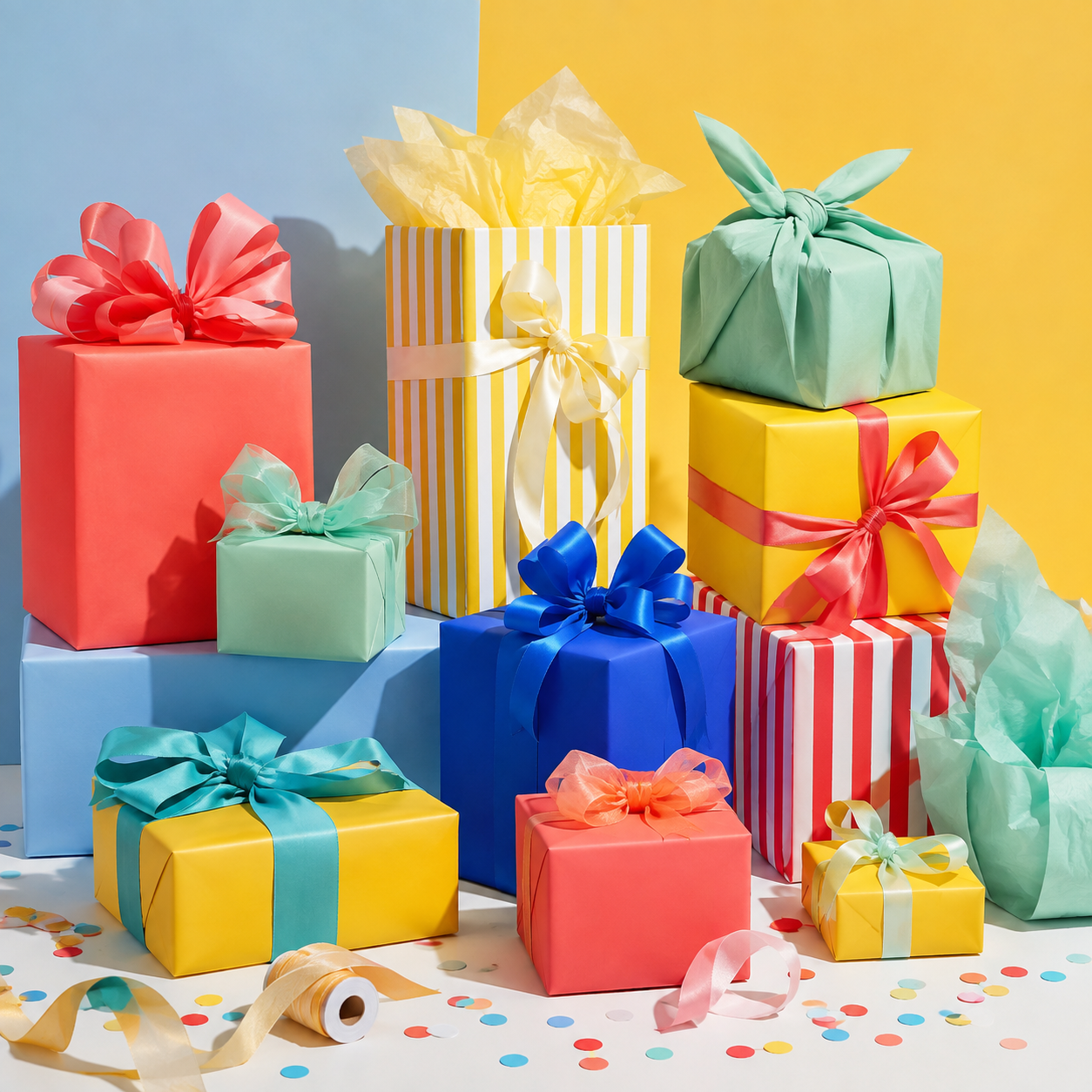 Colorful wrapped gifts arranged with oversized ribbons, tissue paper, and confetti