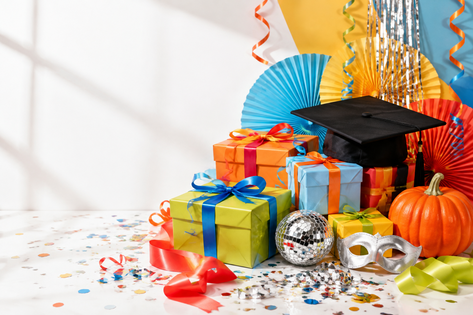 Bright party decorations, wrapped gifts, a graduation cap, a costume mask, ribbons, and confetti in a sunlit studio