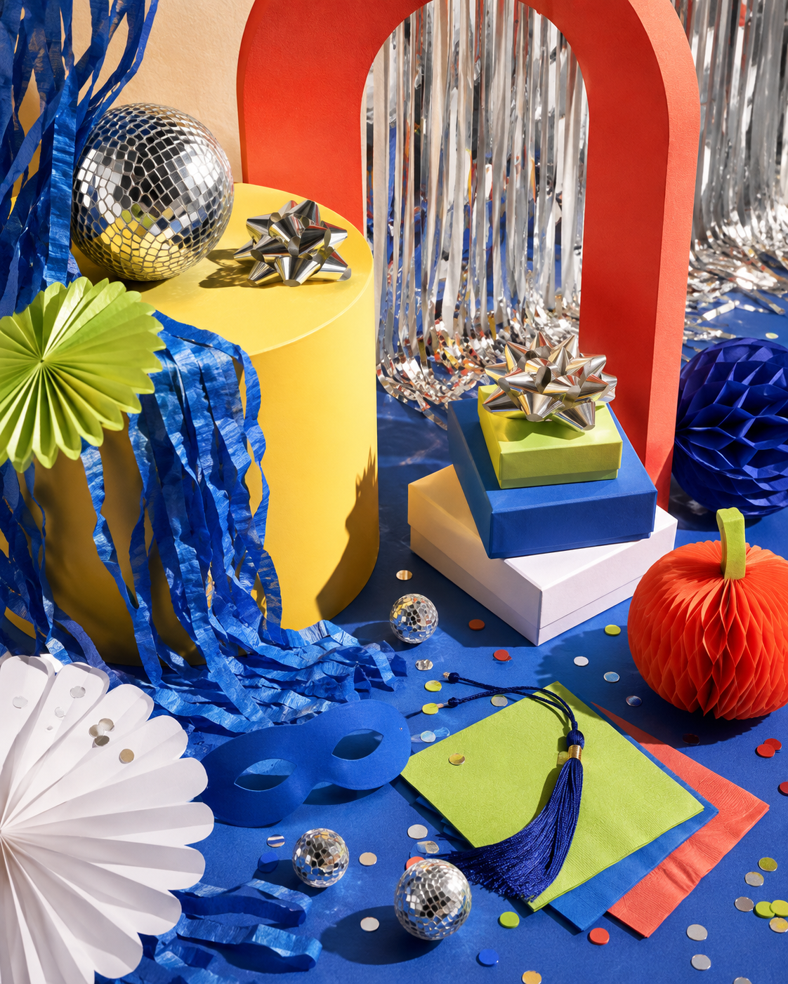 A bright party installation with paper fans, metallic fringe, gift boxes, masks, and colorful celebration pieces