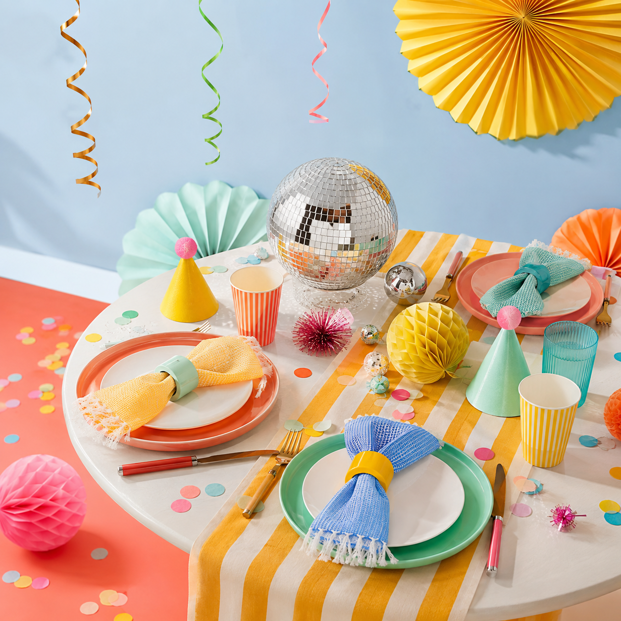 A bright celebration table with colorful plates, cups, napkins, party hats, ribbons, and confetti